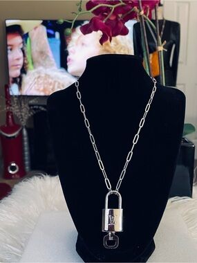 Louis Vuitton Silver Padlock On Stainless Steel Necklace